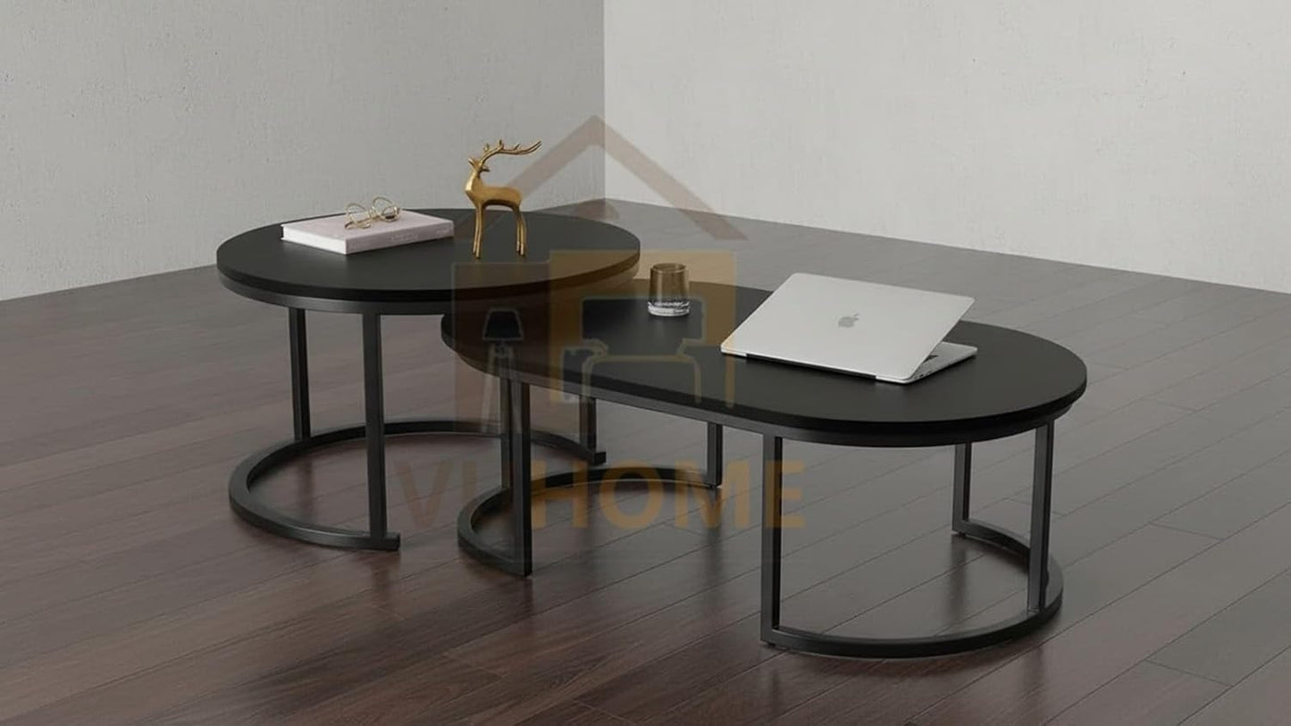 Modern Wooden Nesting Coffee Table Set with Metal Legs – Round Living Room Center Tables (Set of 2)