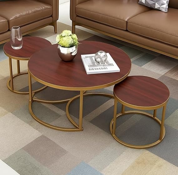 Modern Wooden Nesting Coffee Table Set with Black Metal Frame – Space Saving Living Room Tables (Set of 2)