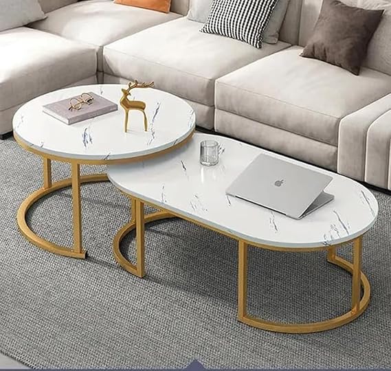 Modern Wooden Nesting Coffee Table Set with Metal Legs – Round Living Room Center Tables (Set of 2)