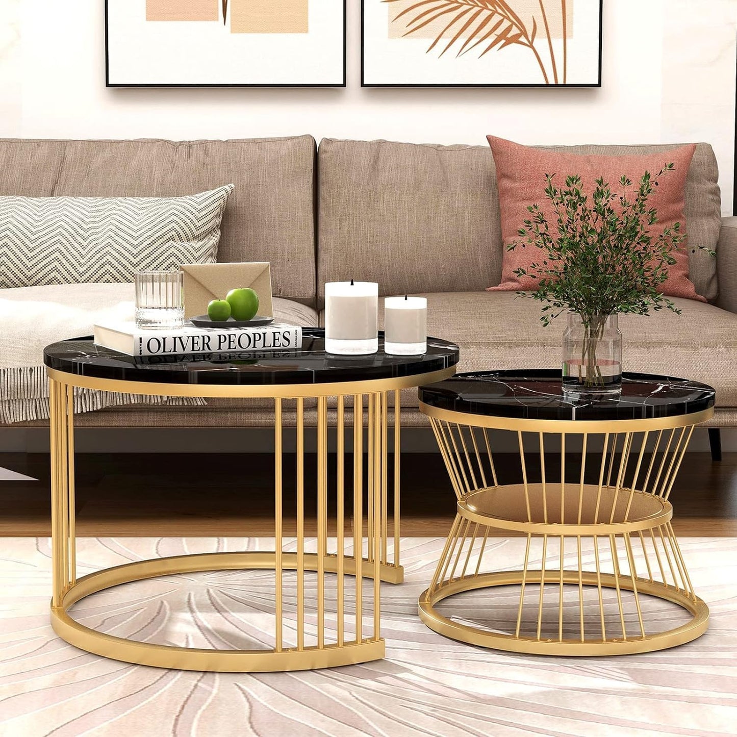 Modern Marble Nesting Coffee Table Set – Round White & Black Metal Living Room Tables