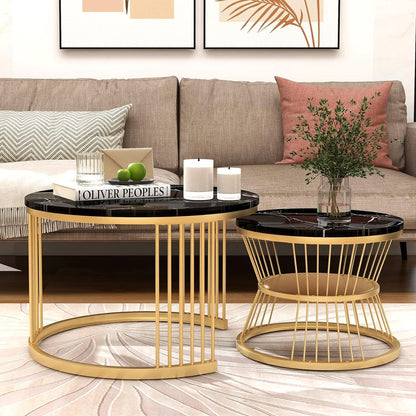 Modern Marble Nesting Coffee Table Set – Round White & Black Metal Living Room Tables