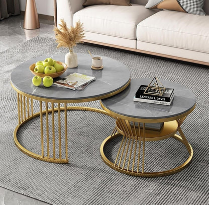 Modern Marble Nesting Coffee Table Set – Round White & Black Metal Living Room Tables
