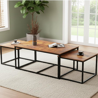 Modern Wooden Nesting Coffee Table Set with Metal Frame – Space-Saving Living Room Tables