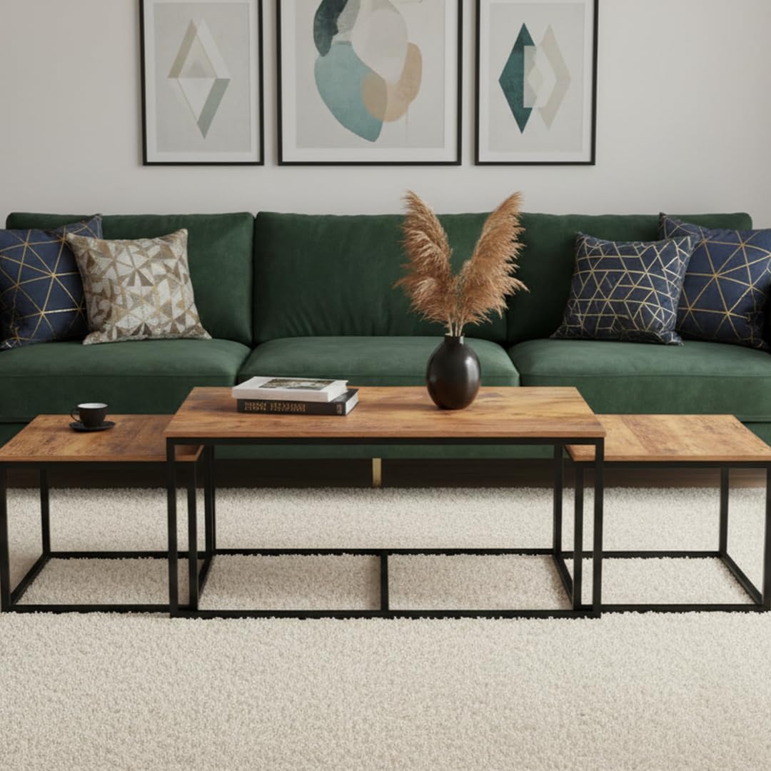 Modern Wooden Nesting Coffee Table Set with Metal Frame – Space-Saving Living Room Tables