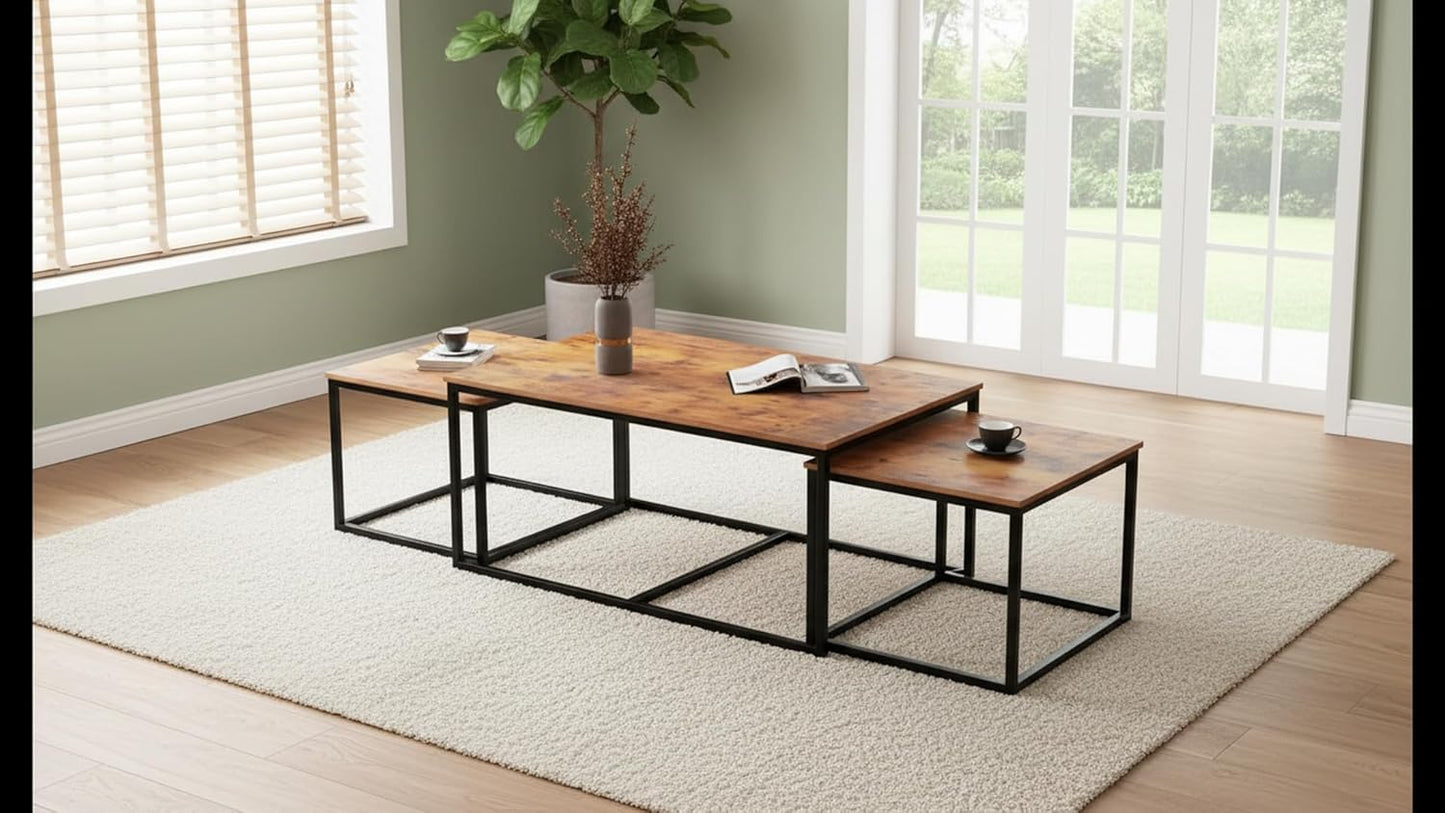 Modern Wooden Nesting Coffee Table Set with Metal Frame – Space-Saving Living Room Tables