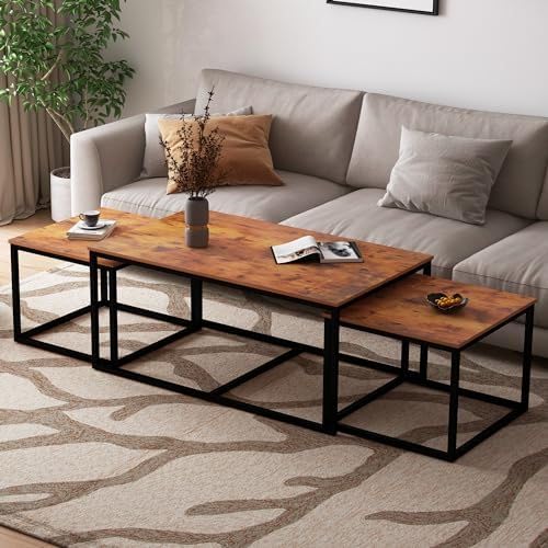 Modern Wooden Nesting Coffee Table Set with Metal Frame – Space-Saving Living Room Tables