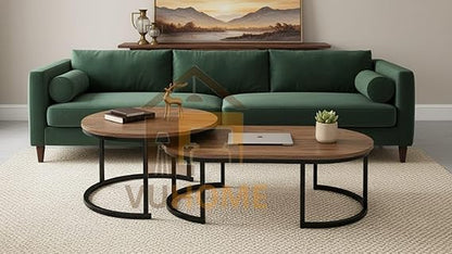 Modern Wooden Nesting Coffee Table Set with Metal Legs – Round Living Room Center Tables (Set of 2)