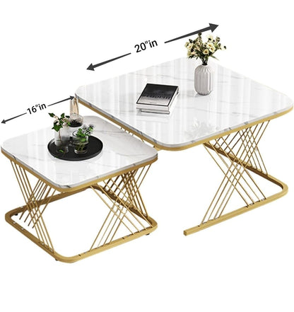Luxury Marble Nesting Coffee Table Set with Gold Metal Frame – Modern Living Room Tables (Set of 2)