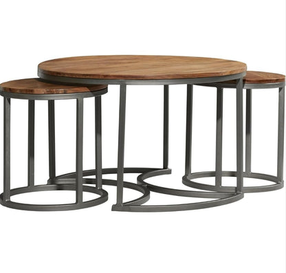Modern Wooden Nesting Coffee Table Set with Black Metal Frame – Space Saving Living Room Tables (Set of 2)