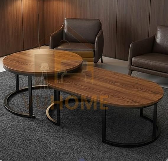 Modern Wooden Nesting Coffee Table Set with Metal Legs – Round Living Room Center Tables (Set of 2)