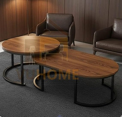 Modern Wooden Nesting Coffee Table Set with Metal Legs – Round Living Room Center Tables (Set of 2)