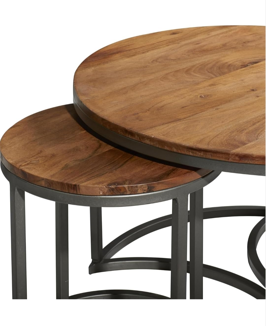 Modern Wooden Nesting Coffee Table Set with Black Metal Frame – Space Saving Living Room Tables (Set of 2)