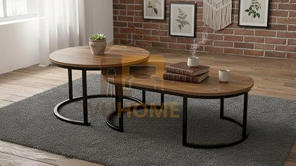 Modern Wooden Nesting Coffee Table Set with Metal Legs – Round Living Room Center Tables (Set of 2)