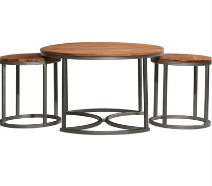 Modern Wooden Nesting Coffee Table Set with Black Metal Frame – Space Saving Living Room Tables (Set of 2)