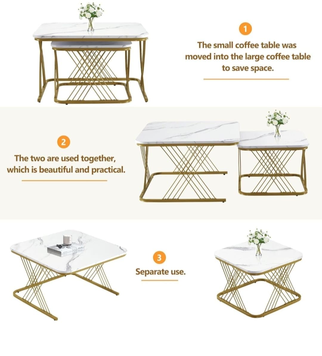 Luxury Marble Nesting Coffee Table Set with Gold Metal Frame – Modern Living Room Tables (Set of 2)
