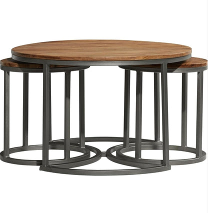 Modern Wooden Nesting Coffee Table Set with Black Metal Frame – Space Saving Living Room Tables (Set of 2)