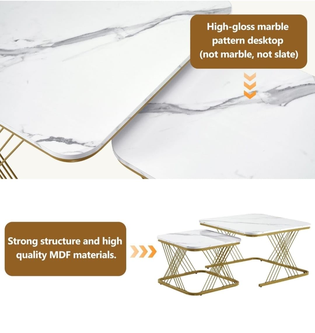 Luxury Marble Nesting Coffee Table Set with Gold Metal Frame – Modern Living Room Tables (Set of 2)