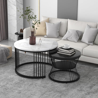 Modern Marble Nesting Coffee Table Set – Round White & Black Metal Living Room Tables