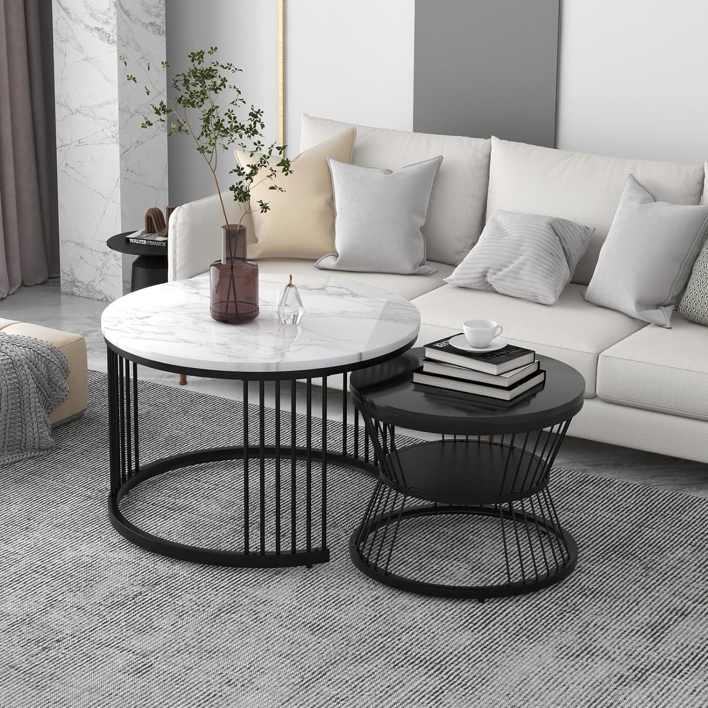 Modern Marble Nesting Coffee Table Set – Round White & Black Metal Living Room Tables