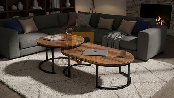 Modern Wooden Nesting Coffee Table Set with Metal Legs – Round Living Room Center Tables (Set of 2)