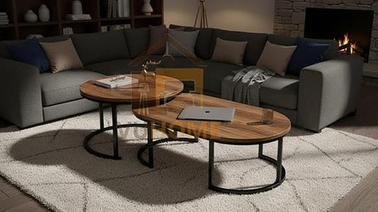Modern Wooden Nesting Coffee Table Set with Metal Legs – Round Living Room Center Tables (Set of 2)