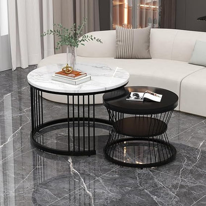 Modern Marble Nesting Coffee Table Set – Round White & Black Metal Living Room Tables