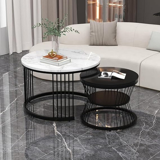 Modern Marble Nesting Coffee Table Set – Round White & Black Metal Living Room Tables