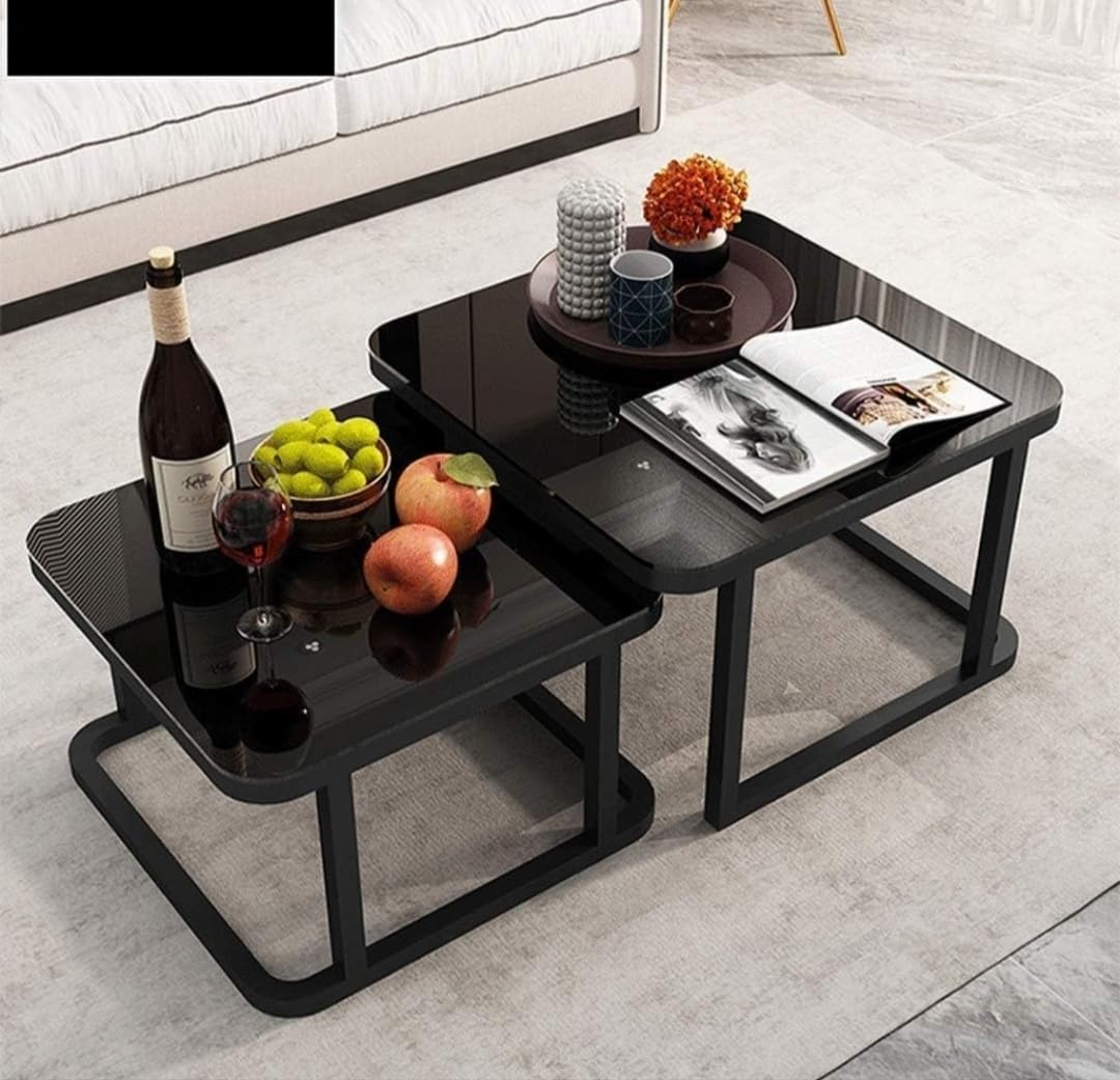 Modern Black Glass Nesting Coffee Table Set | Luxury Center Table for Living Room
