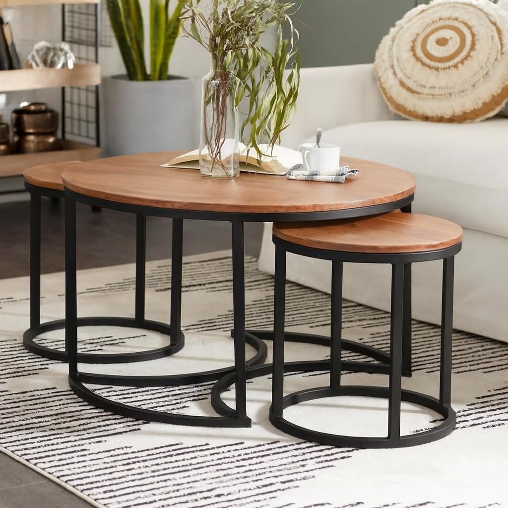Modern Wooden Nesting Coffee Table Set with Black Metal Frame – Space Saving Living Room Tables (Set of 2)