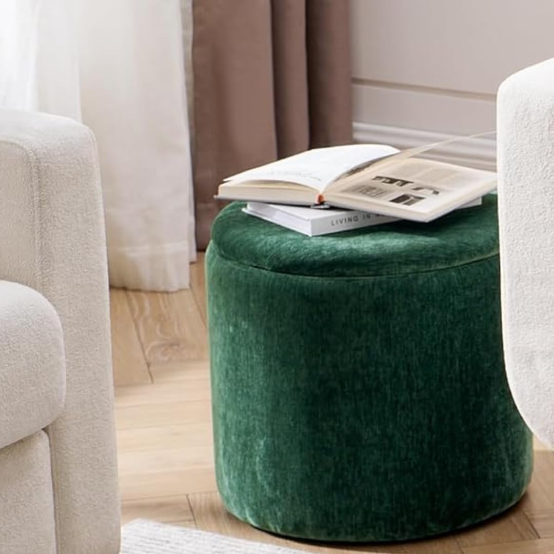 Luxury Velvet Round Ottoman Stool – Soft Upholstered Pouf for Living Room & Bedroom (Emerald Green)