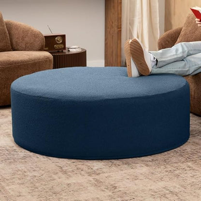 Modern Round Upholstered Ottoman Pouf – Navy Blue Fabric Footrest & Coffee Table