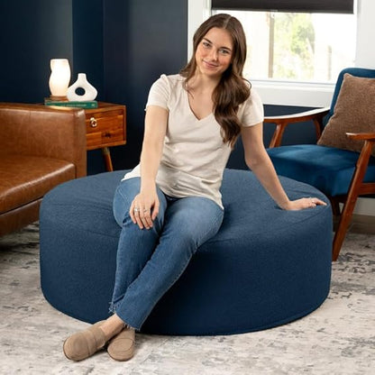 Modern Round Upholstered Ottoman Pouf – Navy Blue Fabric Footrest & Coffee Table
