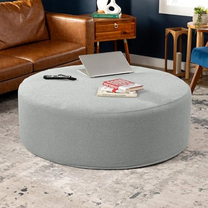 Modern Round Upholstered Ottoman Pouf – Navy Blue Fabric Footrest & Coffee Table