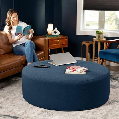 Modern Round Upholstered Ottoman Pouf – Navy Blue Fabric Footrest & Coffee Table