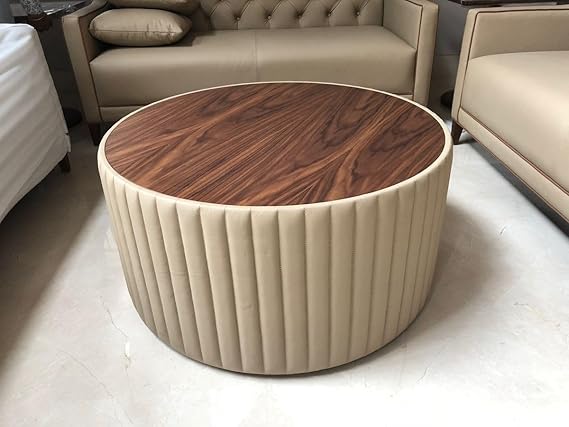 Modern Round Upholstered Coffee Table Ottoman with Wooden Top – Luxury Living Room Center Table