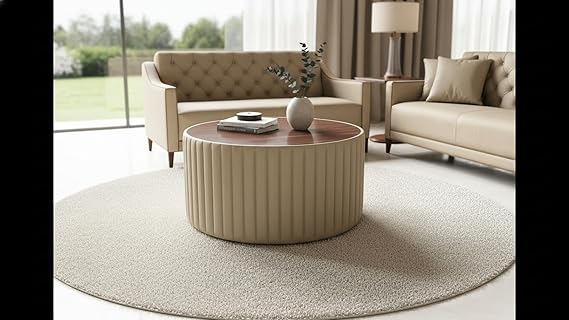 Modern Round Upholstered Coffee Table Ottoman with Wooden Top – Luxury Living Room Center Table