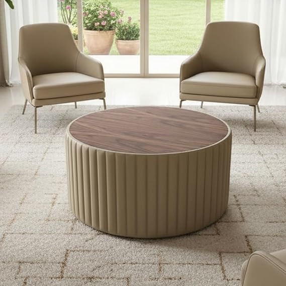Modern Round Upholstered Coffee Table Ottoman with Wooden Top – Luxury Living Room Center Table