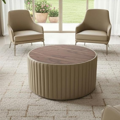 Modern Round Upholstered Coffee Table Ottoman with Wooden Top – Luxury Living Room Center Table