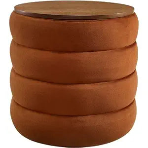 Round Brown Upholstered Ottoman Stool | Modern Cushioned Footrest & Accent Seat