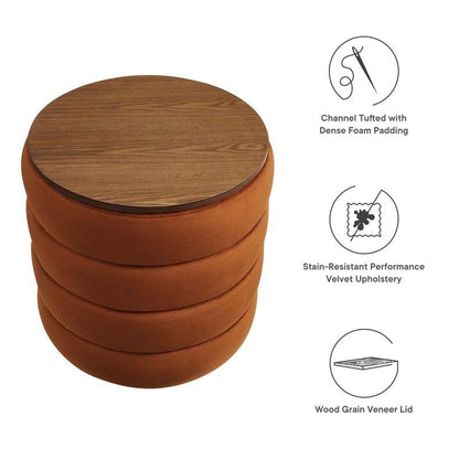 Round Brown Upholstered Ottoman Stool | Modern Cushioned Footrest & Accent Seat