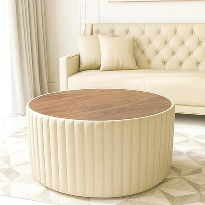 Modern Round Upholstered Coffee Table Ottoman with Wooden Top – Luxury Living Room Center Table