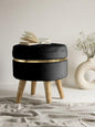 Modern Velvet Round Ottoman Stool with Wooden Legs & Gold Accent – Blue Footrest Pouffe