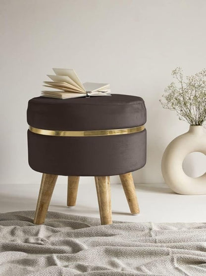 Modern Velvet Round Ottoman Stool with Wooden Legs & Gold Accent – Blue Footrest Pouffe