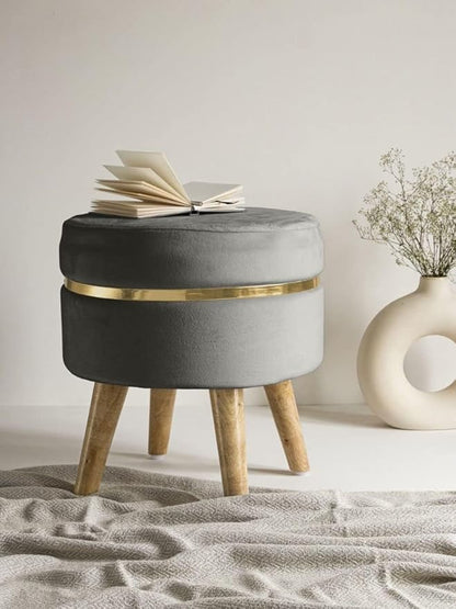 Modern Velvet Round Ottoman Stool with Wooden Legs & Gold Accent – Blue Footrest Pouffe