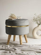 Modern Velvet Round Ottoman Stool with Wooden Legs & Gold Accent – Blue Footrest Pouffe