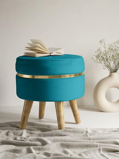 Modern Velvet Round Ottoman Stool with Wooden Legs & Gold Accent – Blue Footrest Pouffe