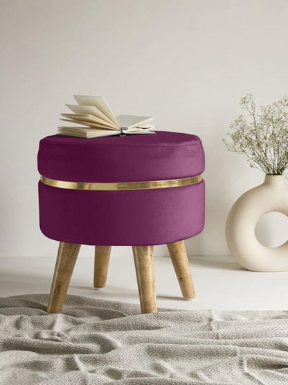 Modern Velvet Round Ottoman Stool with Wooden Legs & Gold Accent – Blue Footrest Pouffe