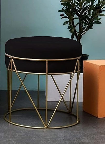 Luxury Velvet Round Ottoman Stool with Gold Metal Base – Modern Accent Seating