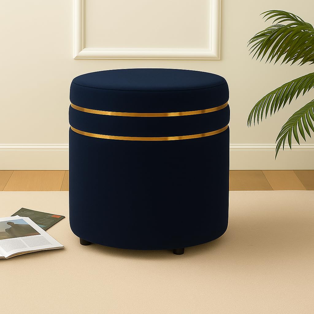 Luxury Velvet Round Ottoman Stool with Gold Accent Band – Multi-Purpose Seating & Footrest