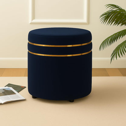 Luxury Velvet Round Ottoman Stool with Gold Accent Band – Multi-Purpose Seating & Footrest
